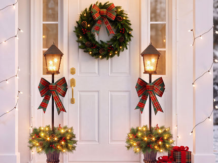 Christmas Lamp Post Decor With Plaid Bow, Artificial Outdoor Holiday Decor (Set of 2) - Brown / Bronze / Green