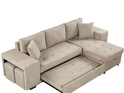 Modern L-Shape 3 Seat Reversible Sectional Couch, Pull Out Sleeper Sofa With Storage Chaise And 2 Stools For Living Room Furniture Set