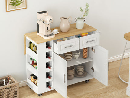 Kitchen Island Cart With 2 Door Cabinet, 2 Drawers, Spice Rack, Towel Holder, Wine Rack, And Foldable Top - White
