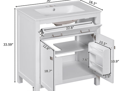 Bathroom Vanity With Ceramic Sink, Modern Single Bathroom Cabinet With 2 Doors And A Shelf, Soft Close Doors