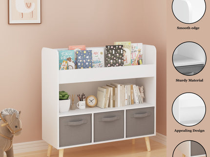 Bookshelf With 3 Bins, Storage Shelf For Toys And Books - White
