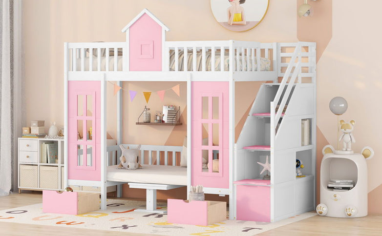 Twin Over Twin Bunk Bed With Changeable Table, Bunk Bed Turn Into Upper Bed And Down Desk