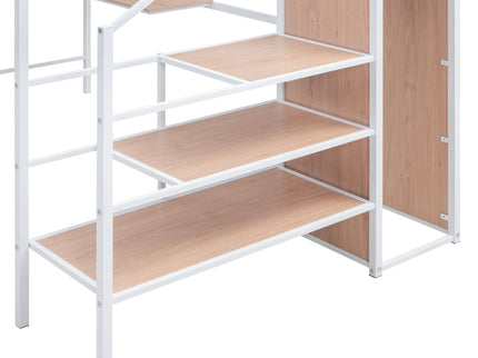 Loft Bed With Desk And Grid, Stylish Frame With Lateral Storage Ladder And Wardrobe
