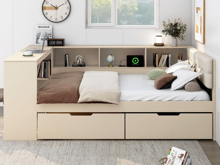 Upholstered Headboard Platform Bed With Storage Shelves, Drawers, Charging Station