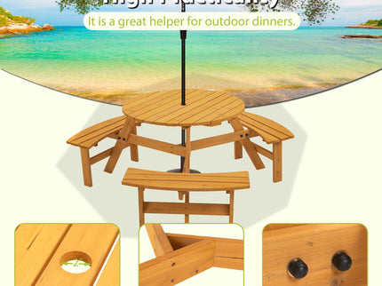 6 Person Circular Outdoor Wooden Picnic Table For Patio, Backyard, Garden, Diy With 3 Built-In Benches, 1720Lb Capacity