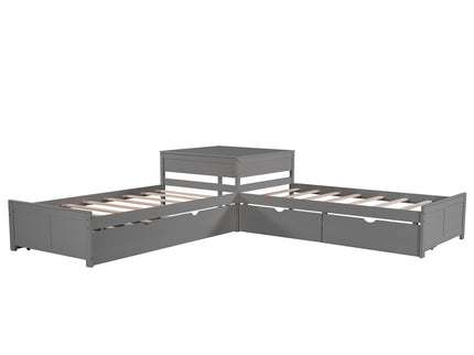 L Shaped Platform Bed With Trundle And Drawers Linked With Built In Desk