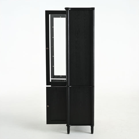 Vintage Display Cabinet With Double Glass Doors, Traditional Style For Collectibles, Ash Wood Veneer, 73.25" Tall - Black / Natural
