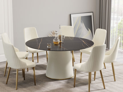 Modern Artificial Stone Round Plywood Base Dining Table, Can Accommodate 8 People, (Not Including Chairs) - Black / Beige