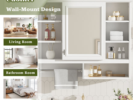 Wall Mount 2 In 1 Mirror Cabinet With Adjustable Shelves, Open Storage, For Bathroom Vanity - White