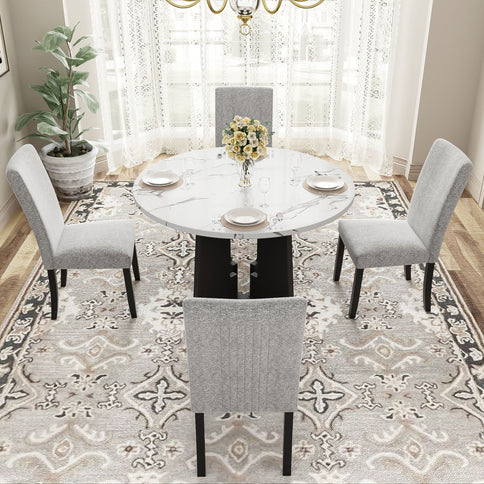 5 Piece Round Dining Table Set, Dining Table And 4 Upholstered Chairs For Dining Room, Kitchen Room, Living Room - White / Gray