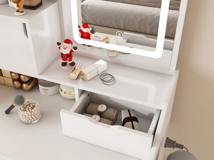 3 Color LED Vanity Mirror With Stool, Dressing Table For Bedroom, 2 Drawers & 5 Storage Cabinets (4 Open + 1 Hidden), Adjustable Lighting - White