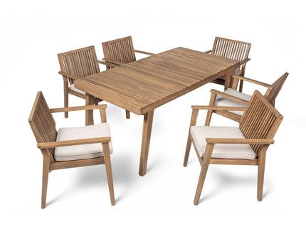 7 Piece Patio Furniture Set Acacia Wood Table And 6 Heavy Duty Cushioned Chairs