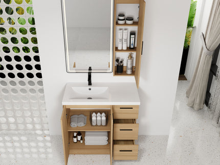 Freestanding Bathroom Vanity Set With Tall Linen Cabinet, 3 Drawers And Large Storage, Single Sink