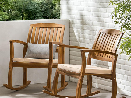 Acacia Wood Outdoor Patio Rocking Chair With Cushion (Set of 2) - Natural / Cream