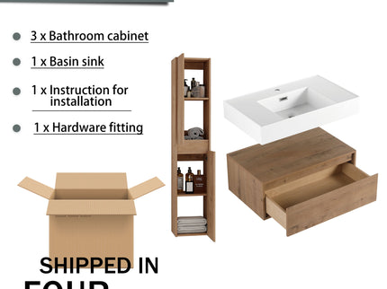 Modern Wall Mounted 30 Inch Bathroom Vanity With Resin Sink And 2 Side Cabinet In Imitative - Imitative Oak