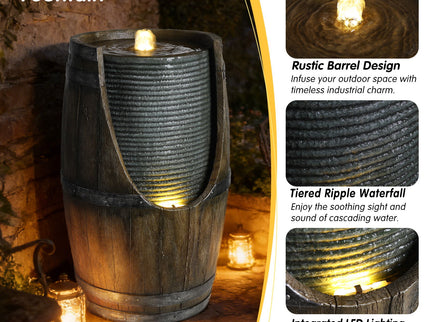 Rustic Barrel Water Fountain With LED Light