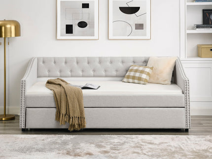 Upholstered Tufted Daybed With Drawers, Waved Arms