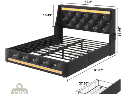Wingback Upholstered Bed Frame With LED Lights, Charging Station