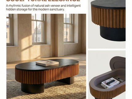 Elliptical Living Room Coffee Table With Hidden Storage And Removable Tabletop