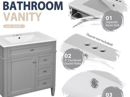 Bathroom Vanity With Top Sink, Freestanding Storage Cabinet With 2 Doors And 3 Drawers, Mirror Cabinet Included - Gray