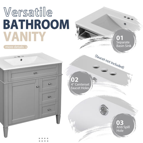 Bathroom Vanity With Top Sink, Freestanding Storage Cabinet With 2 Doors And 3 Drawers, Mirror Cabinet Included - Gray