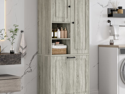 Modern Tall Storage Cabinet With Adjustable Shelves, Flip-Out Basket & Enclosed Doors