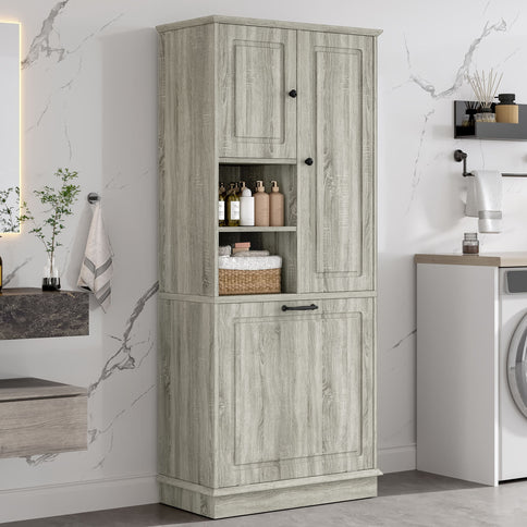 Modern Tall Storage Cabinet With Adjustable Shelves, Flip-Out Basket & Enclosed Doors