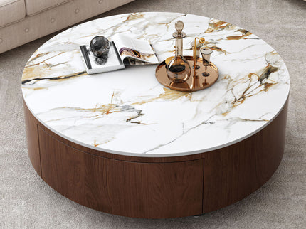 Round Coffee Table With 2 Drawers For Living Room - Walnut Brown / White / Multi