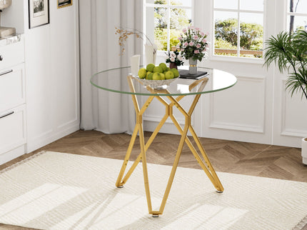 Modern Round Tempered Glass Dining Table With Sturdy Metal Legs For 1 - 4 People - Gold
