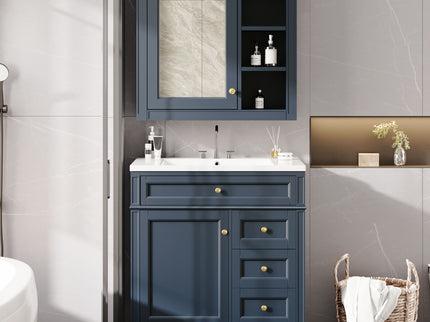 Bathroom Vanity With Top Sink, 2 Doors And 3 Drawers, Freestanding Set With Mirror Cabinet