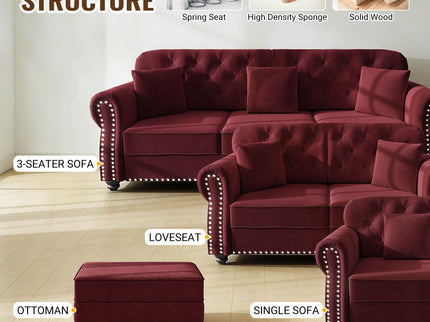 Upholstered Sofa Set With Nailhead Trim And Rolled Armrests, Includes Pillows