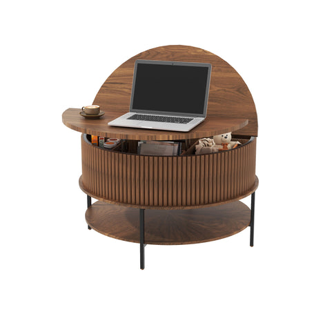 Lift Top Coffee Table, Round Storage Cocktail Table With Reinforced Legs, Safe Rounded Design - Brown