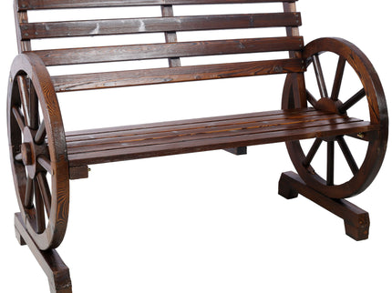 Rustic Country 2 Person Wooden Wagon Wheel Bench With Slatted Seat And Backrest - Brown