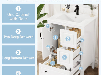 Freestanding Bathroom Vanity With Sink, Soft Closing Cabinet And Drawers - White