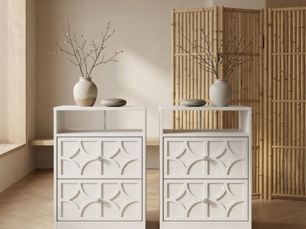 Nightstand With Diamond Carvings Handles, 2 Drawers & Charging Station