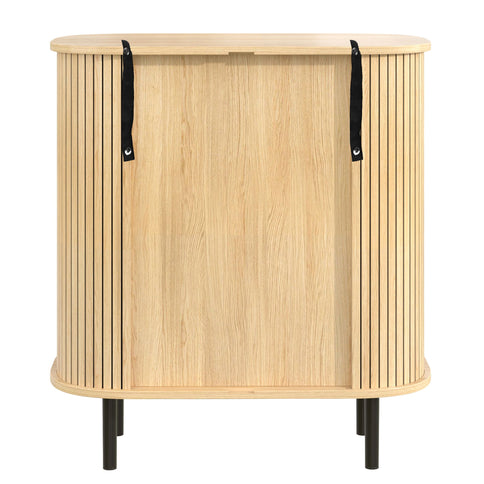 Fluted Wine Bar Cabinet With 8 Grid Wine Rack, 5 Level Adjustable Shelves, 2 Glass Holders