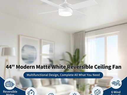Ceiling Fan With Remote Control, Reversible DC Motor, 6 Speeds, 3 Dimmable LED, Quiet Timer For Indoor - White