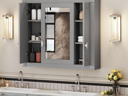 Wall Mounted Bathroom Cabinet With Mirror And 4 Shelves, Rectangular Design - Gray