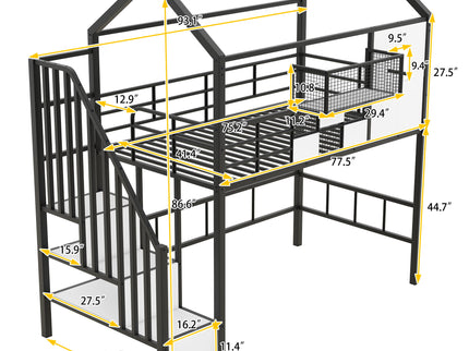 Metal Loft Bed With Roof Design And Storage Box With Guardrails And Integrated Ladder