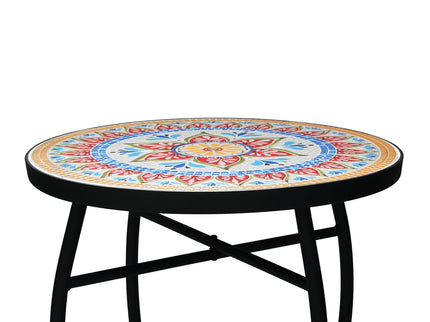 Outdoor Round Side Table With Mosaic Style Top And Curved Iron Legs