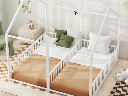 Metal Twin Size House Platform Beds 2 Shared Beds - Antique White