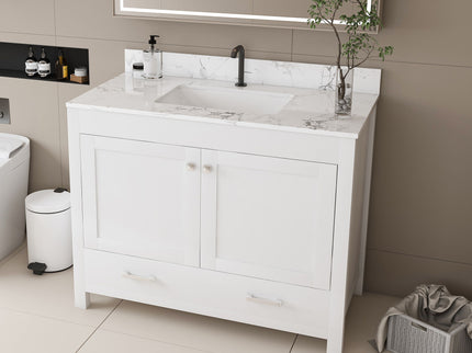 43" Bathroom Vanity With Artificial Marble Carrara Top Set, Multi Functional Cabinet With Doors And Drawer - White