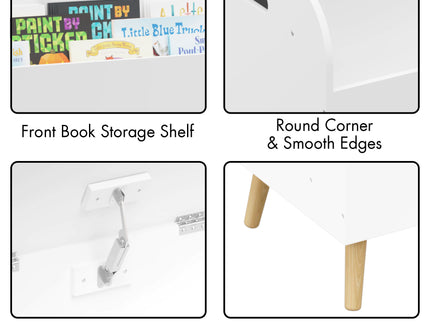 Toy Box With Front Bookshelf, Flip Top Lid, Safety Hinge For Kids Room Organization - White