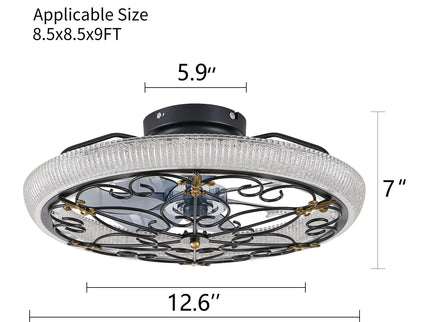 20" Caged Ceiling Fan With Remote Control And Crystal Sand Lampshade - Matte Black