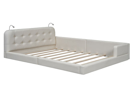 Queen Size Upholstered Platform Bed With 2 Reading Lights - White