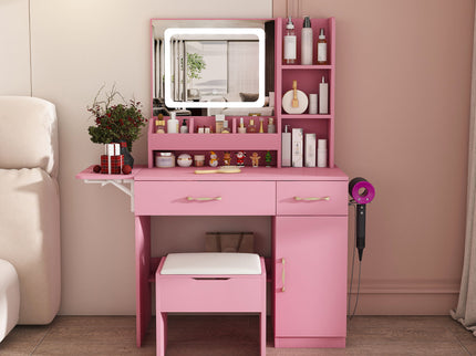 Vanity Desk With LED Mirror Lights And Power Outlet Charging Station, 3 Drawers, 7 Shelves, Storage Stool - Pink
