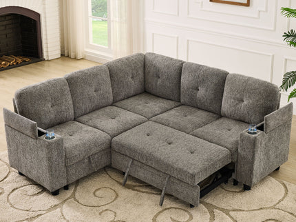 5 Seat Reversible L - Shaped Sleeper Sofa, Pull Out Convertible Sectional Couch With Storage, USB C - Charger, Cup Holders Modular Sofa Bed - Gray