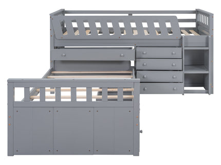 Loft Platform Bed With 7 Drawers And Full Guardrails, Modern L Shaped Space Savin