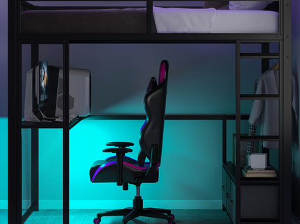 Full Size Gaming Loft Bed With LED Desk, Open Wardrobe, 3 Linen Storage Drawers - Black