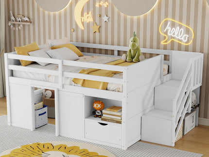 Low Loft Bed Frame With Built In Stairs, Storage Drawer, Shelf And 7 Color LED Light
